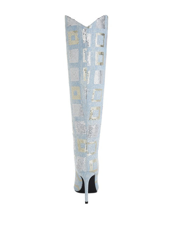 Glamorous Checkered Sequin Knee High Stiletto Boots