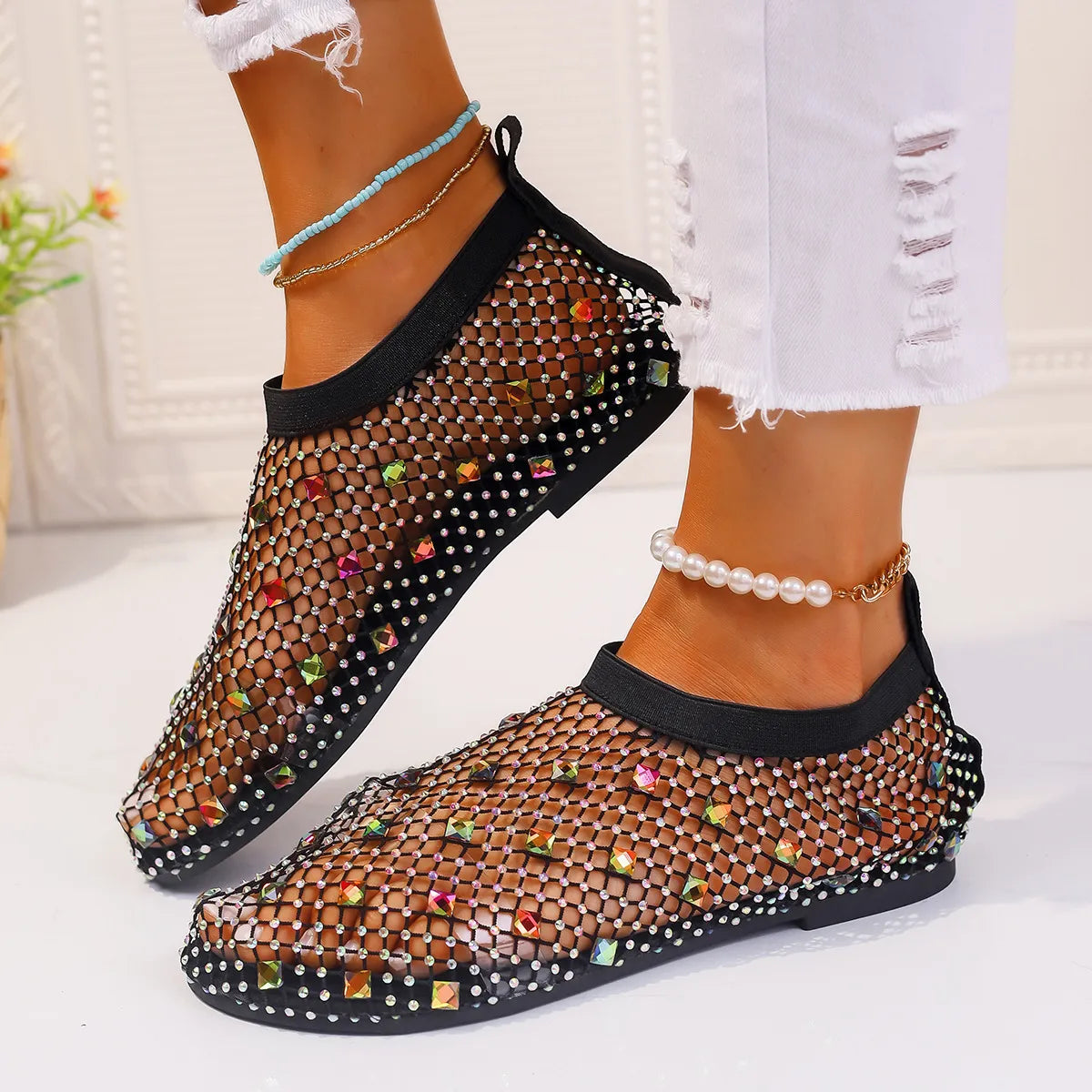 Sparkly mesh and rhinestone Round Toe Flats Slip-Ons with true-to-size fit and flat heel, perfect for stylish comfort.