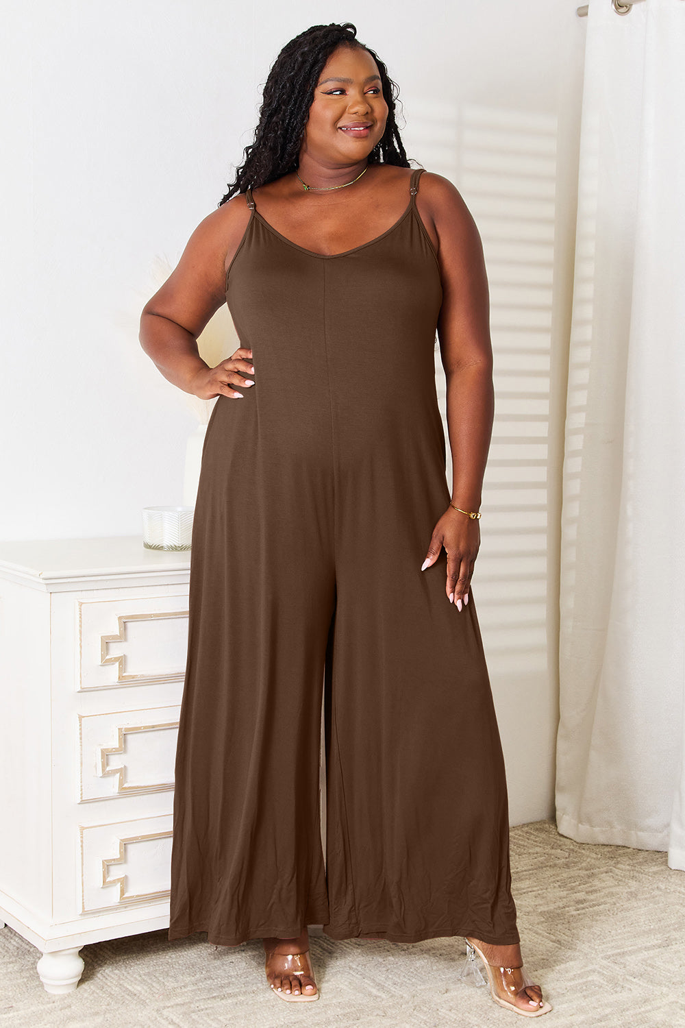 Full Size Soft Rayon Spaghetti Strap Tied Wide Leg Jumpsuit from ShopStyle, stylish and comfortable for any occasion.