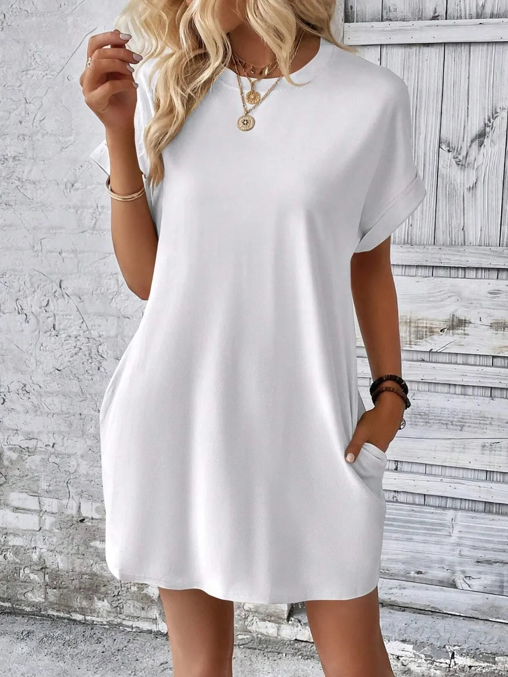 White satin Round Neck Short Sleeve Mini Dress with a basic style, slightly stretchy fabric, machine washable from ShopNow.
