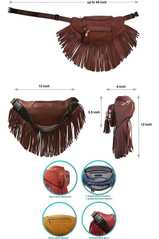 Fashion Fringe Tassel Fanny Pack Waist Bag faux leather with gold-tone hardware, adjustable strap.