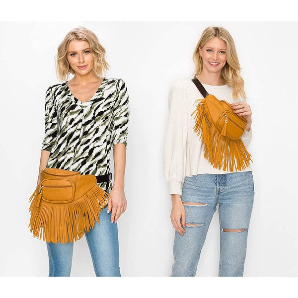 Fashion Fringe Tassel Fanny Pack Waist Bag faux leather, gold-tone hardware, adjustable strap, L13xH5.5xW4.