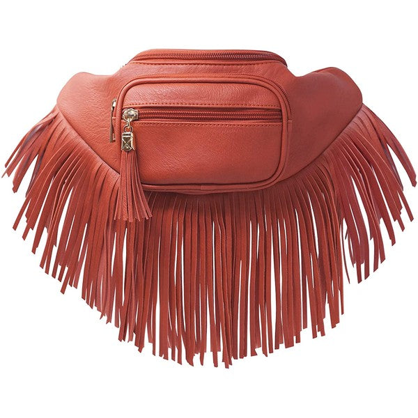 Fashion Fringe Tassel Fanny Pack Waist Bag red faux leather with fringe, adjustable strap, gold hardware.