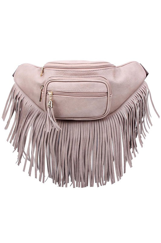 Fashion Fringe Tassel Fanny Pack Waist Bag faux leather with fringe, gold hardware, adjustable strap