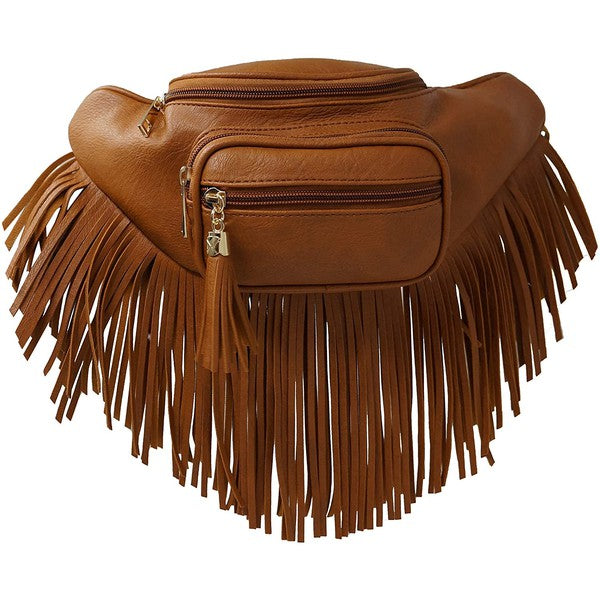 Fashion Fringe Tassel Fanny Pack Waist Bag—brown faux leather with fringe, zip pockets, adjustable strap.