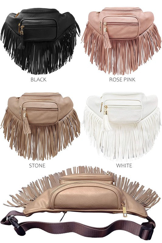 Fashion Fringe Tassel Fanny Pack Waist Bag with faux leather, gold hardware, adjustable strap.