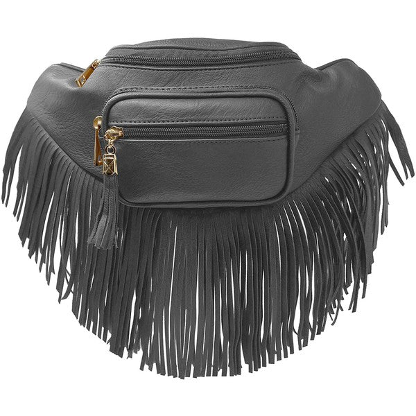 Fashion Fringe Tassel Fanny Pack Waist Bag faux leather with gold-tone hardware, adjustable strap, L13 x H5.5 x W4.