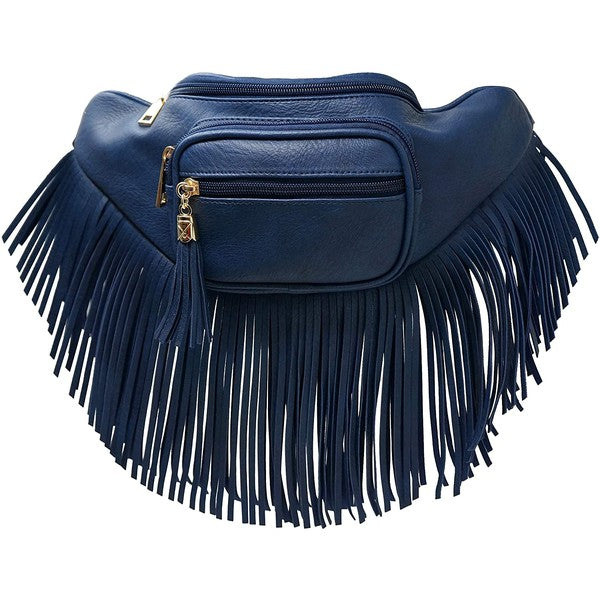Fashion Fringe Tassel Fanny Pack Waist Bag faux leather with gold-tone hardware, adjustable strap, L 13×H 5.5×W 4