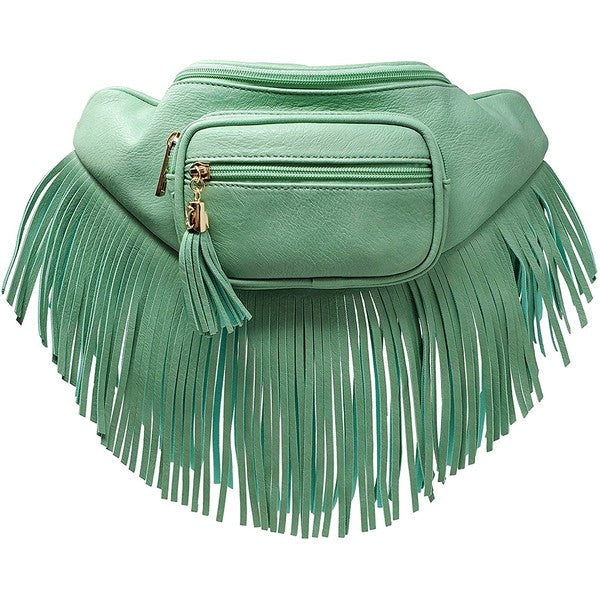 Fashion Fringe Tassel Fanny Pack Waist Bag in green faux leather with gold hardware, zip top, adjustable strap.