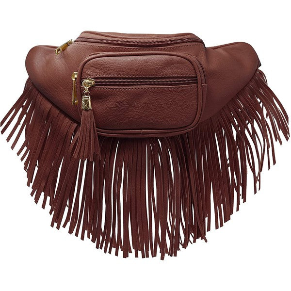 Fashion Fringe Tassel Fanny Pack Waist Bag faux leather with zip top, gold hardware, adjustable strap, 13 x 5.5 x 4