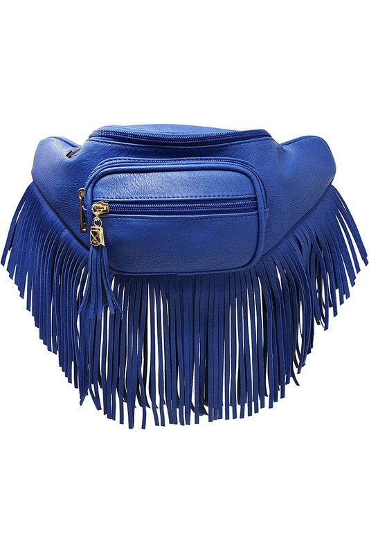 Fashion Fringe Tassel Fanny Pack Waist Bag in blue faux leather with zip top, gold hardware, fringe.