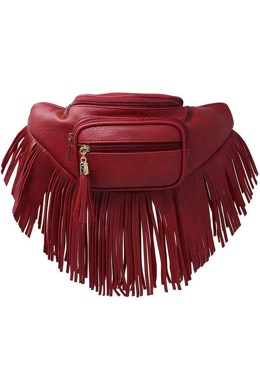 Fashion Fringe Tassel Fanny Pack Waist Bag - faux leather with gold hardware, adjustable strap, red fringe, 13x5.5x4