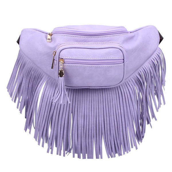 Fashion Fringe Tassel Fanny Pack Waist Bag, lilac faux leather with zip top closure and gold hardware, adjustable strap.