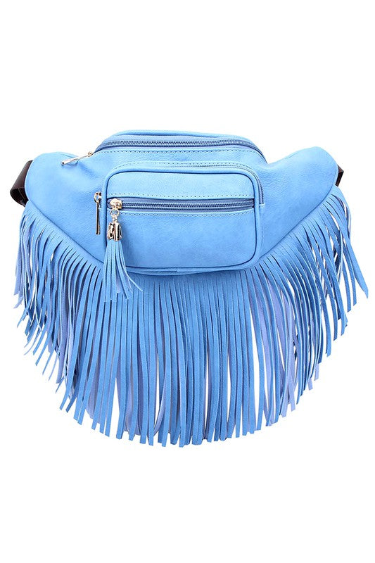 Fashion Fringe Tassel Fanny Pack Waist Bag blue faux leather with fringe, gold-tone hardware, zip pockets, adjustable strap.