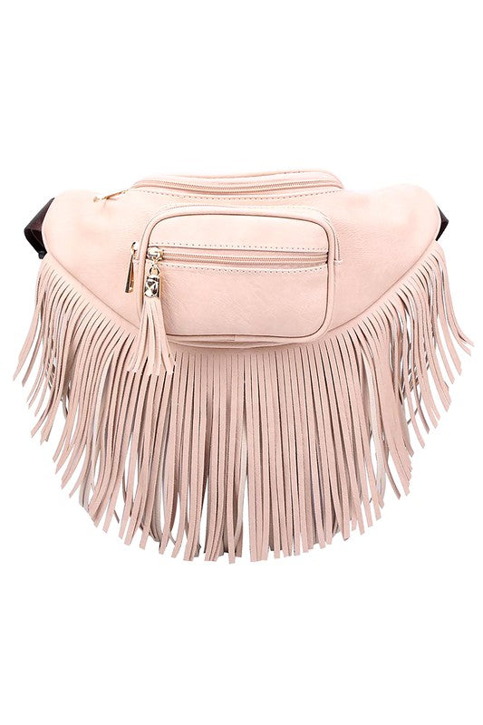 Fashion Fringe Tassel Fanny Pack Waist Bag pink faux leather with fringe, zip pockets and gold-tone hardware.