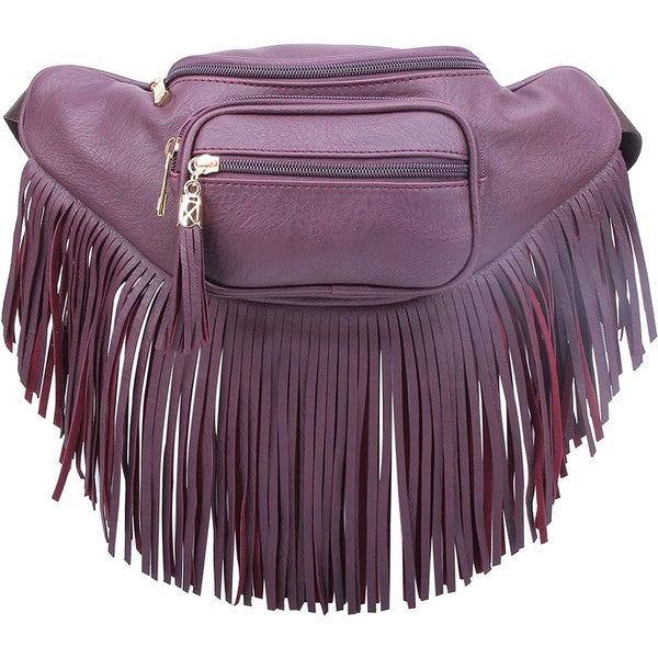 Fashion Fringe Tassel Fanny Pack Waist Bag – purple faux leather with fringe, gold hardware, adjustable strap.