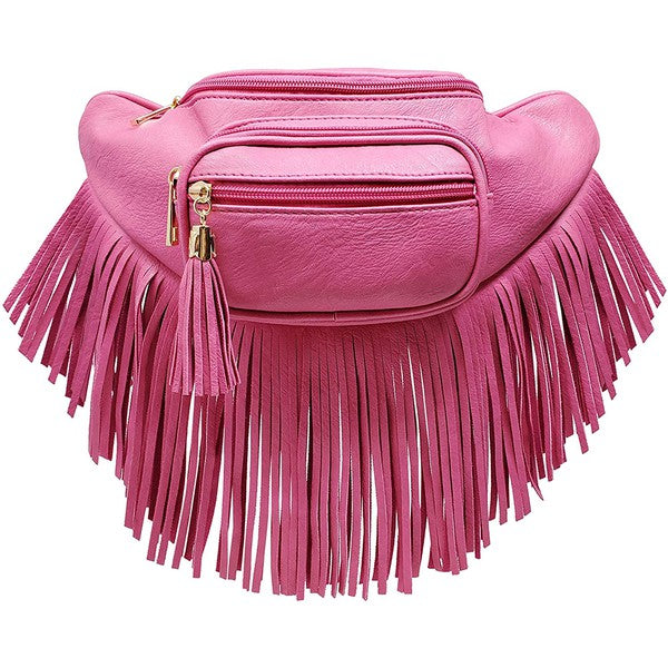 Fashion Fringe Tassel Fanny Pack Waist Bag in pink faux leather with gold hardware, zip top, adjustable strap.
