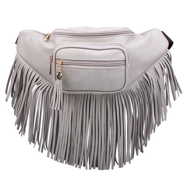 Fashion Fringe Tassel Fanny Pack Waist Bag in faux leather with zip, gold hardware, adjustable strap.