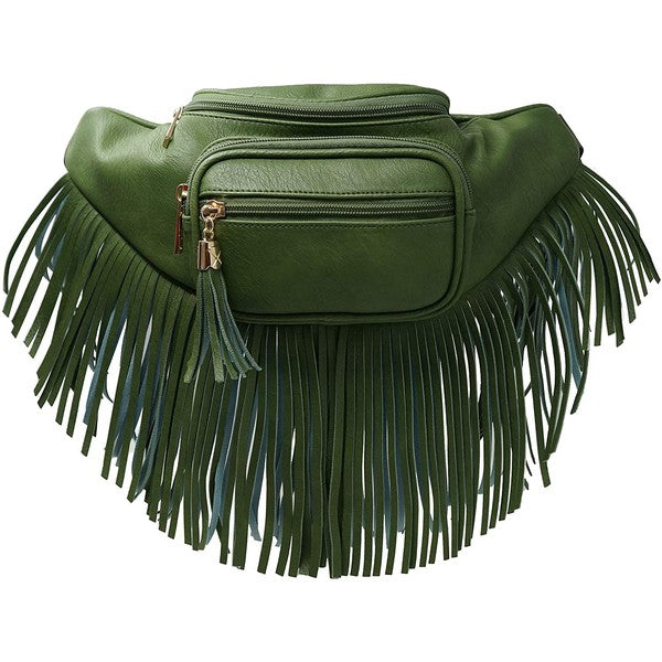 Fashion Fringe Tassel Fanny Pack Waist Bag in green faux leather with gold-tone hardware, zip top, adjustable strap, L13xH5.5xW4