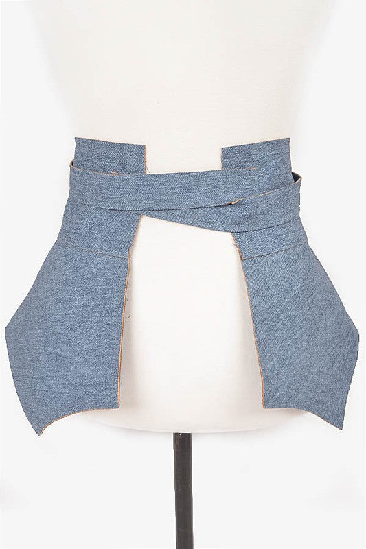 Denim Skirt Wrap Around Tie Belt - One Size, adjustable 89" belt length, 13" width in blue denim.