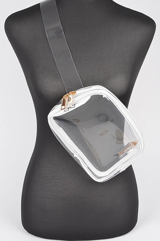 Chic, Clear, Stadium-Ready Fanny Pack—PVC, mix-metal, 9x6x1.5, Lead & Nickel compliant.