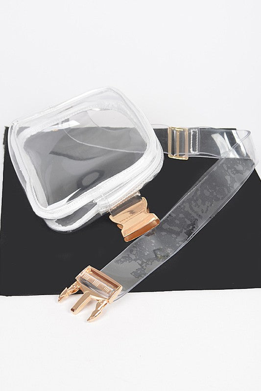 Chic, Clear, Stadium-Ready Fanny Pack with PVC body and rose-gold hardware, 9x6x1.5 in.