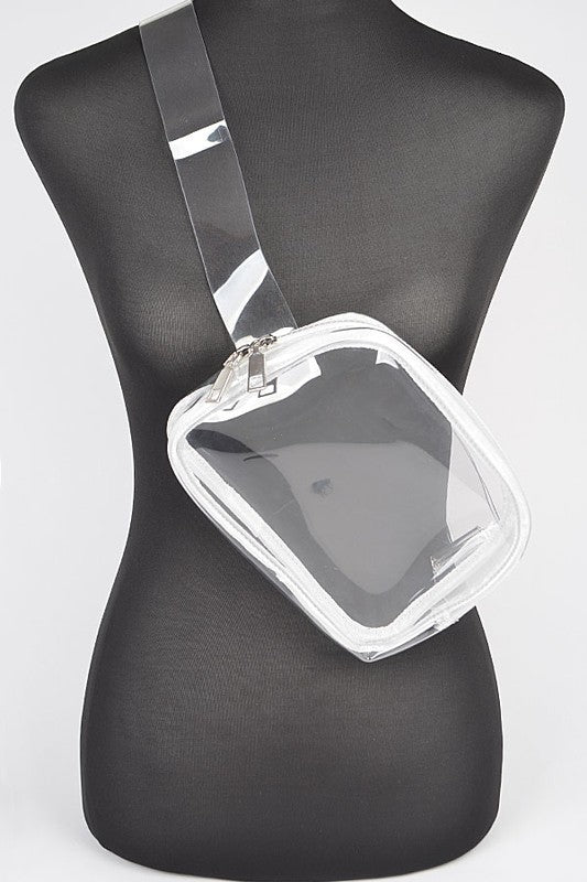 Chic, Clear, Stadium-Ready Fanny Pack waist bag, PVC, mix metal, 9"W x 6"H x 1.5"D.