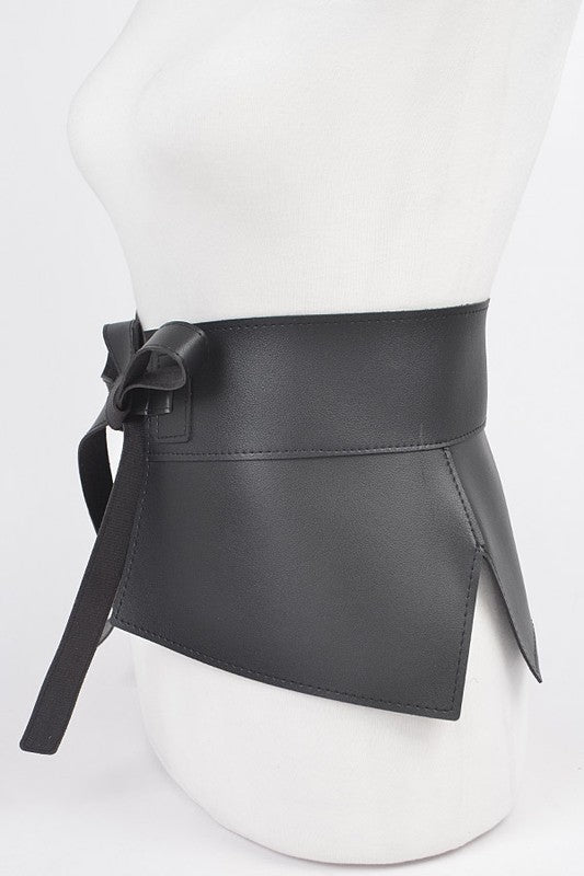 Iconic Faux Leather Skirt Tie Belt — one size, adjustable; 72.5" belt, 8.5" wide, faux leather.