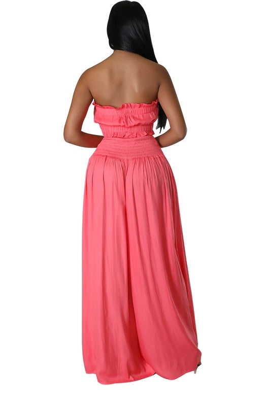 Stylish FASHION WOMEN TWO PIECE SET featuring a bralette top and high waist wide leg pants in vibrant pink.