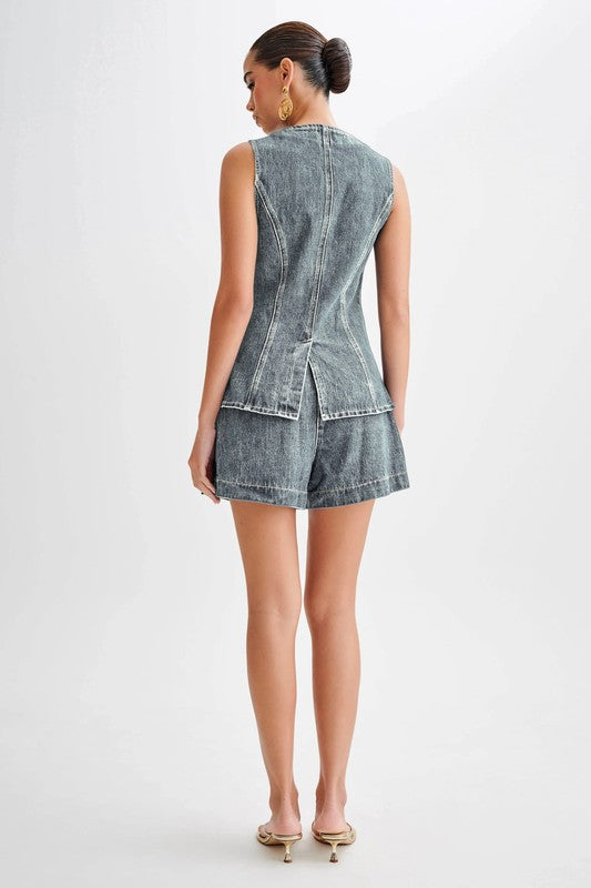Stylish Two Piece Denim Short Set with sleeveless vest and shorts, perfect for summer fashion by ShopName.