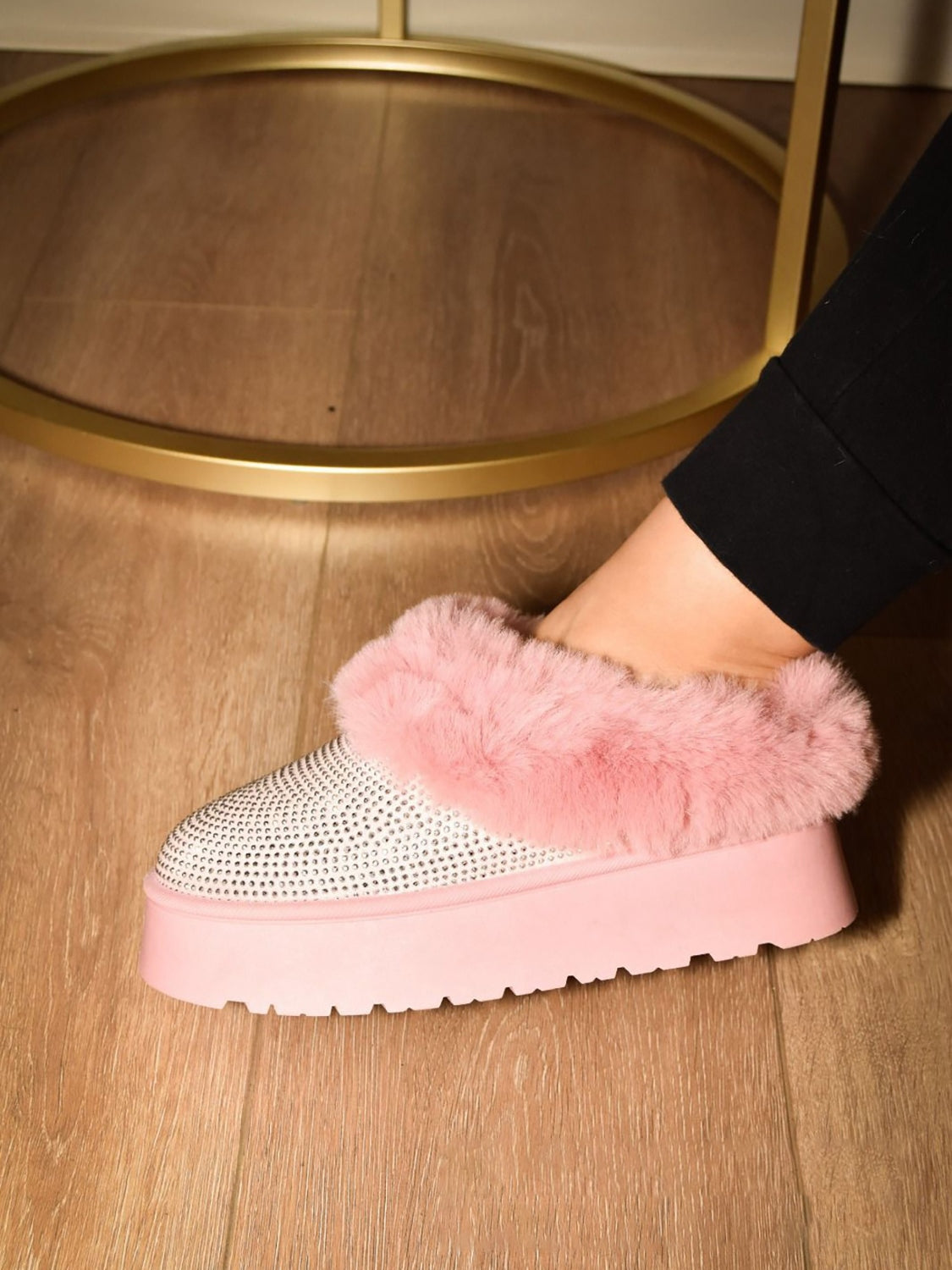 Embellished Faux Fur Platform Ankle Boots
