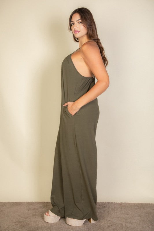 Discover the Spaghetti strap solid wide jumpsuit, featuring soft stretchy fabric and a flattering wide leg design.