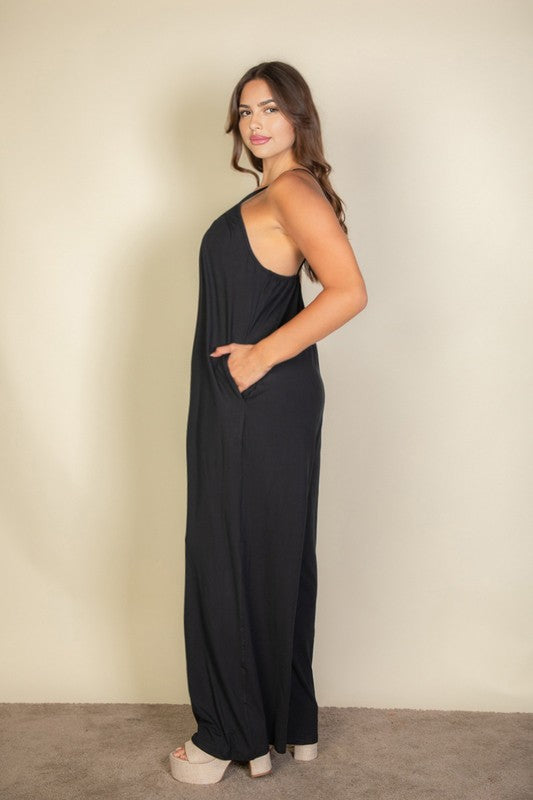 Stylish spaghetti strap solid wide jumpsuit featuring soft stretch jersey for comfort and a flattering fit.