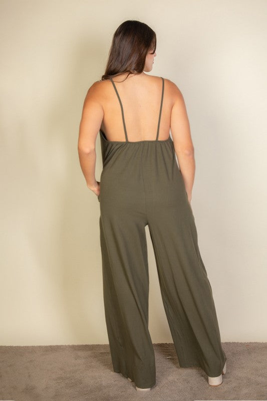 Stylish spaghetti strap solid wide jumpsuit in olive, perfect for comfort and a flattering fit.