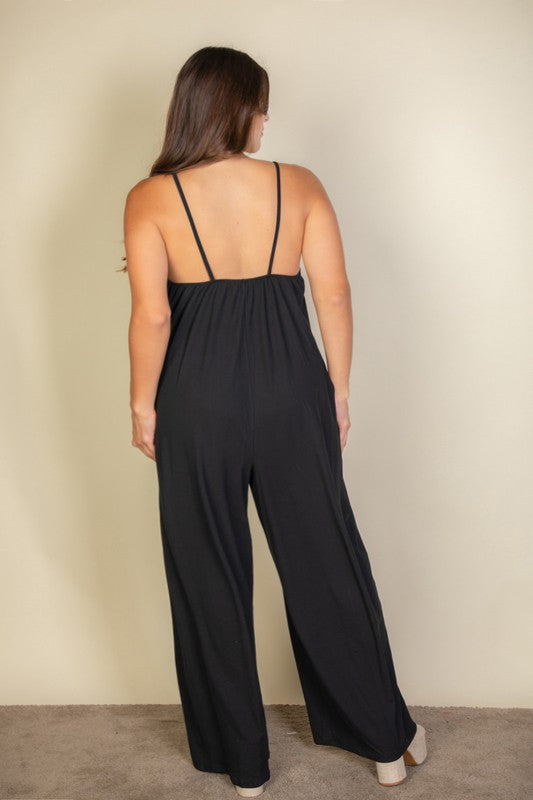 Stylish spaghetti strap solid wide jumpsuit, featuring soft, stretchy fabric for a comfortable, flattering fit.