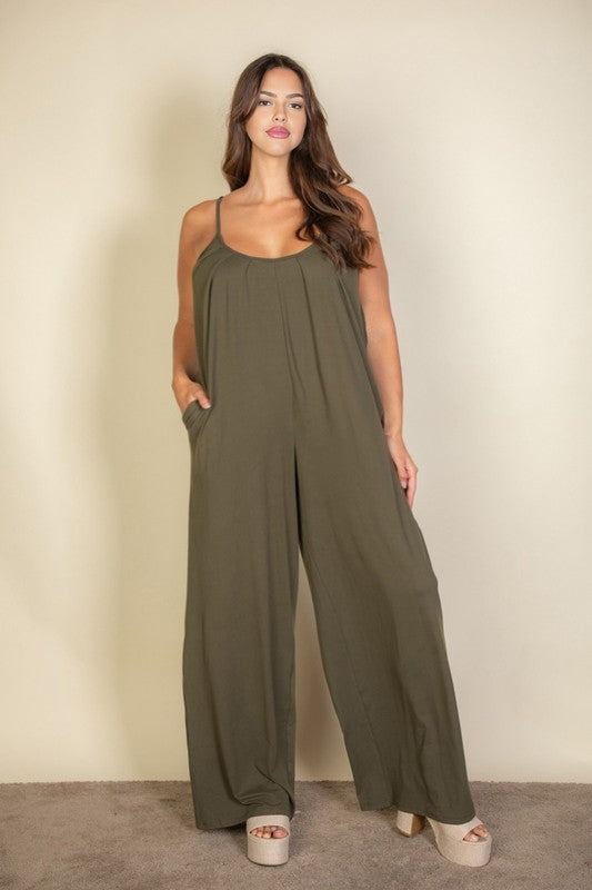 Stylish spaghetti strap solid wide jumpsuit, perfect fit in soft stretch jersey, ideal for a chic look.