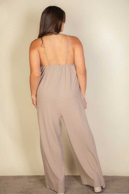 Spaghetti strap solid wide jumpsuit in soft jersey offers comfort and a flattering fit for effortless style.
