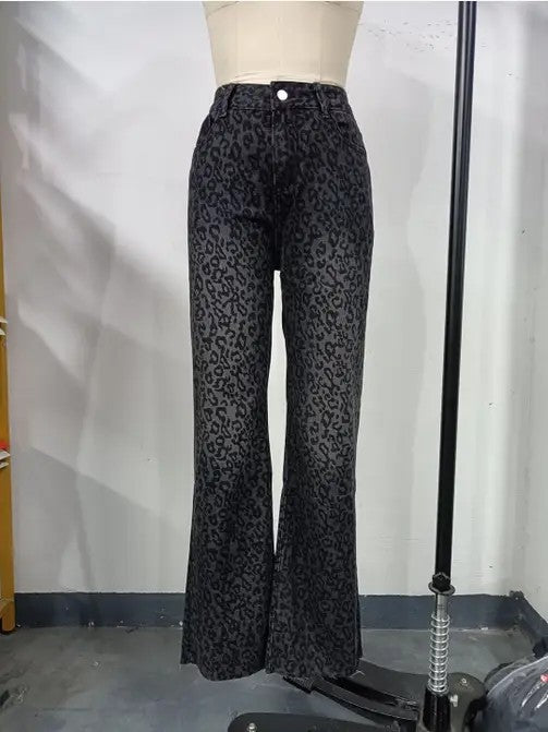 Grey Leopard Print High Waist Pants on a mannequin with wide-leg flare, leopard-print design.