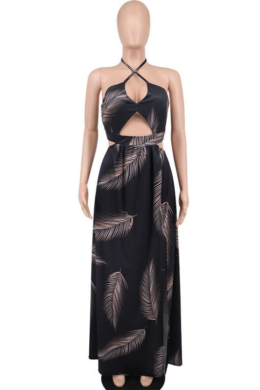 Chic Halter Neck Maxi Dress with deep neckline, open back, and elegant draping, perfect for any occasion.