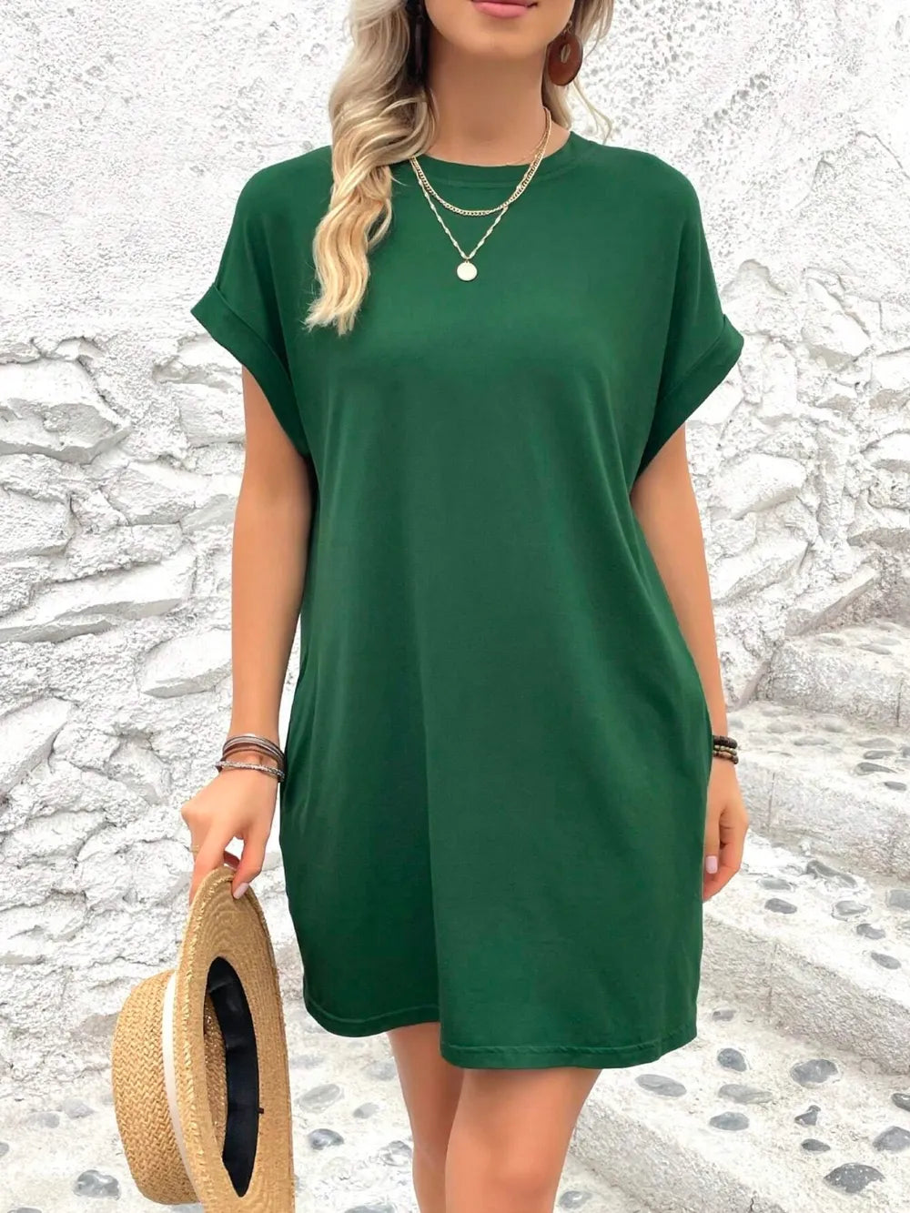 Stylish green Round Neck Short Sleeve Mini Dress with a basic, slightly stretchy design, perfect for casual summer wear.