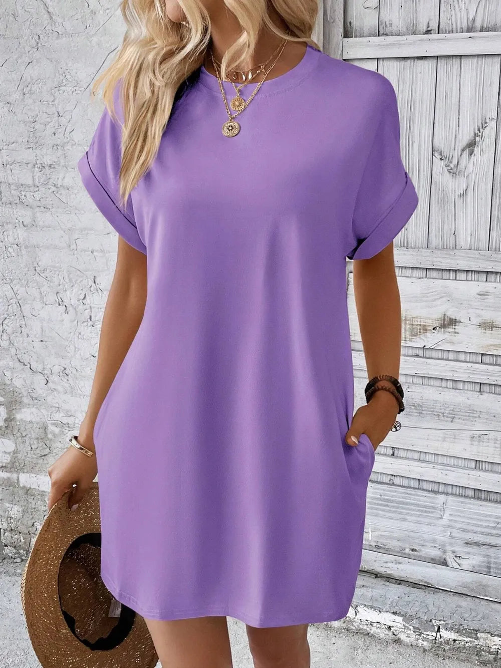 Chic lavender Round Neck Short Sleeve Mini Dress with subtle stretch, perfect for casual or summer wear.