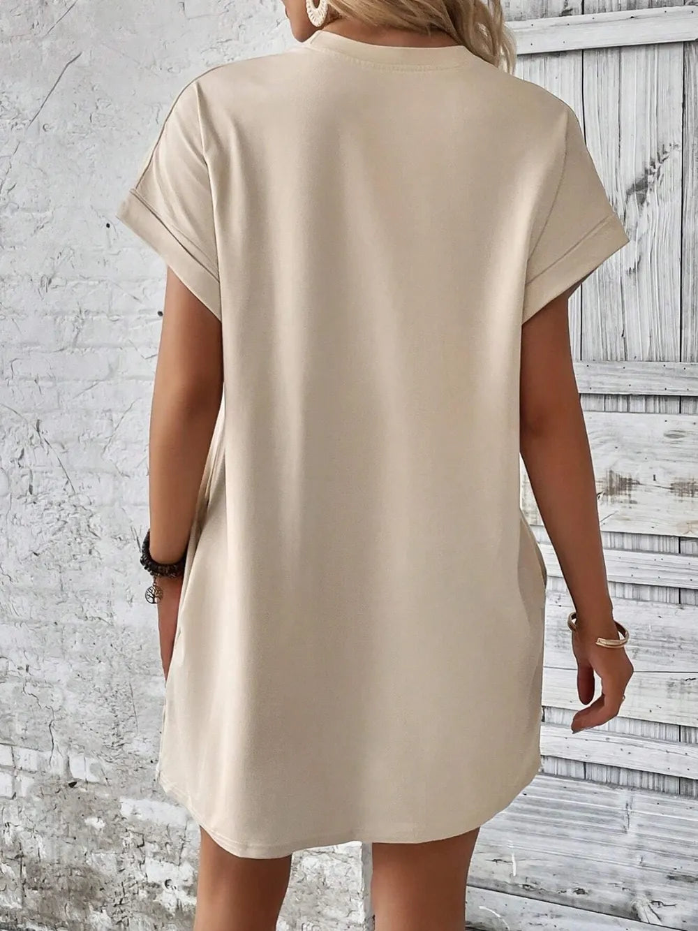 Slightly stretchy beige Round Neck Short Sleeve Mini Dress with opaque fabric, perfect for casual or stylish looks.