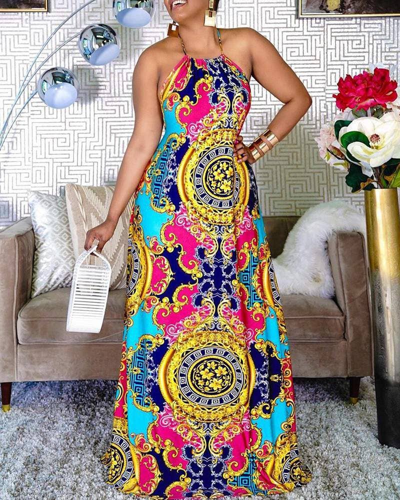 Seductive A-Line Halter Maxi Dress with All-Over Print