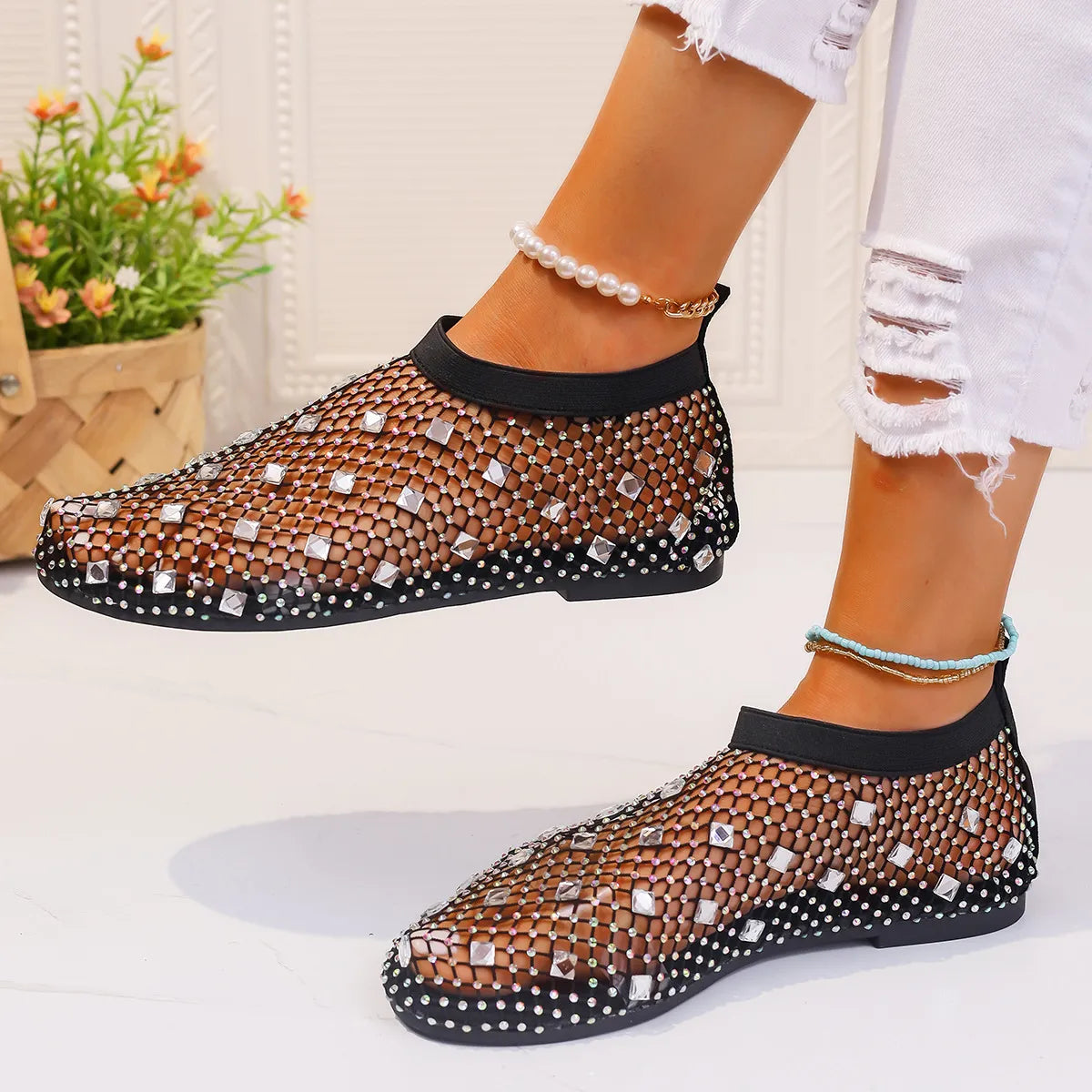 Stylish round toe flats slip-ons with rhinestones, mesh, and PU leather, perfect fit, from Max Origin.