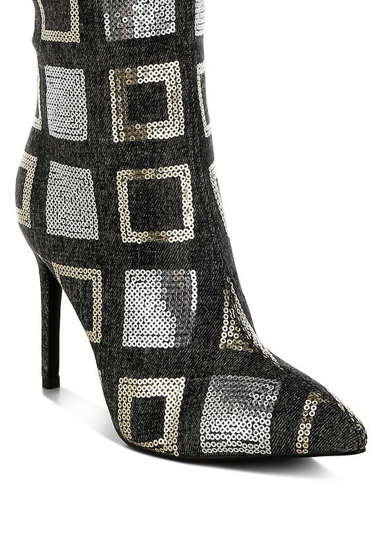 Glamorous Checkered Sequin Knee High Stiletto Boots