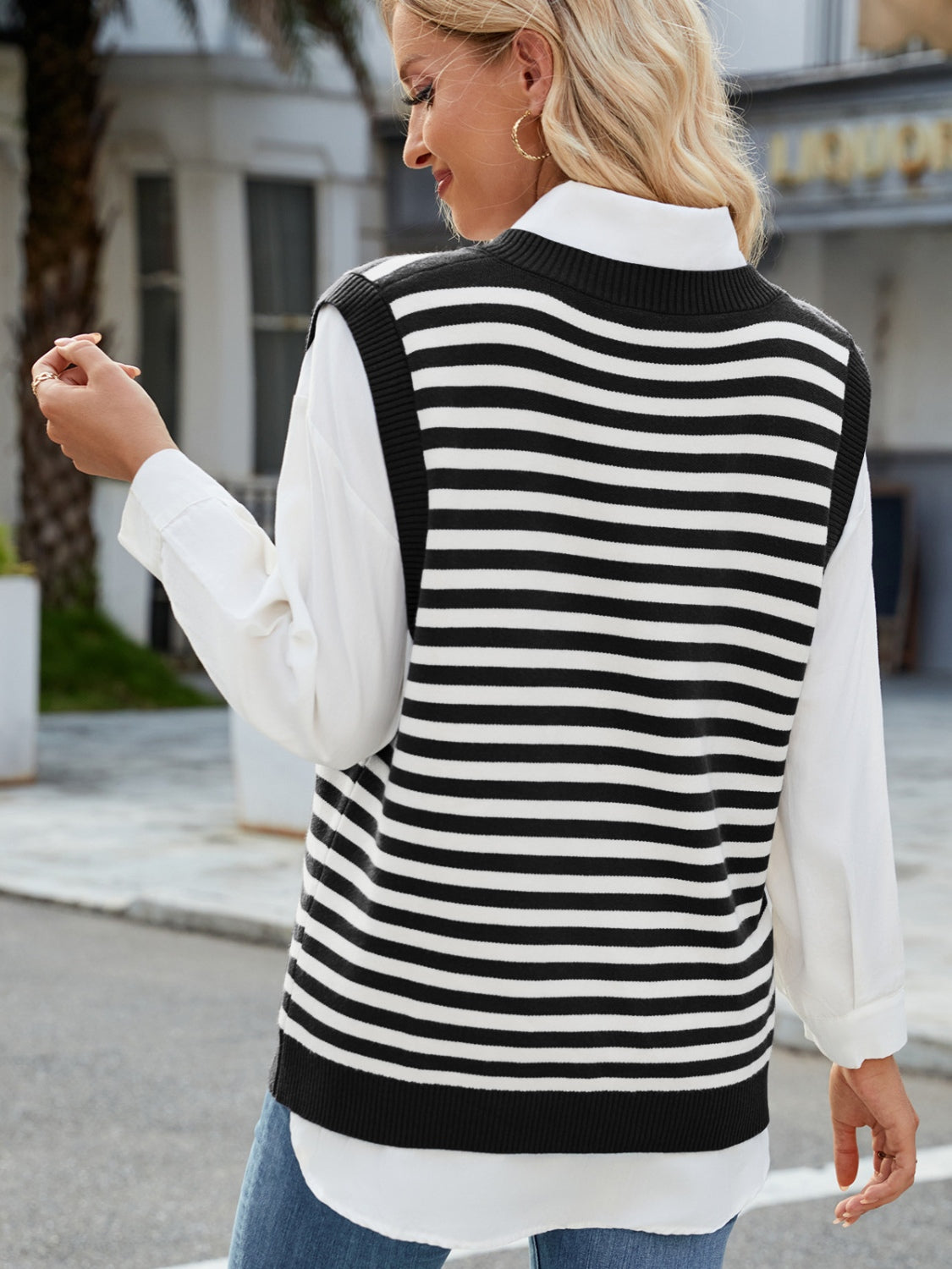 V-Neck Striped Sweater Vest with Slit Design