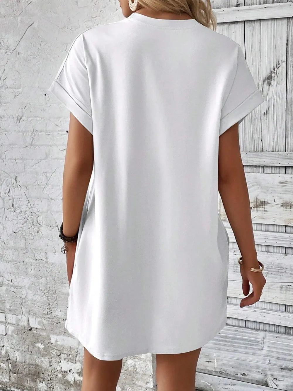 White satin Round Neck Short Sleeve Mini Dress with a basic style, slightly stretchy fabric, imported, machine washable from Max.