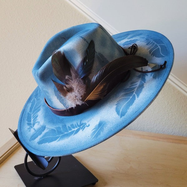 CUSTOM Hand-Painted Branded Cowgirl Western Boho Hat with feathers and leather band, adding unique western style to your wardrobe.