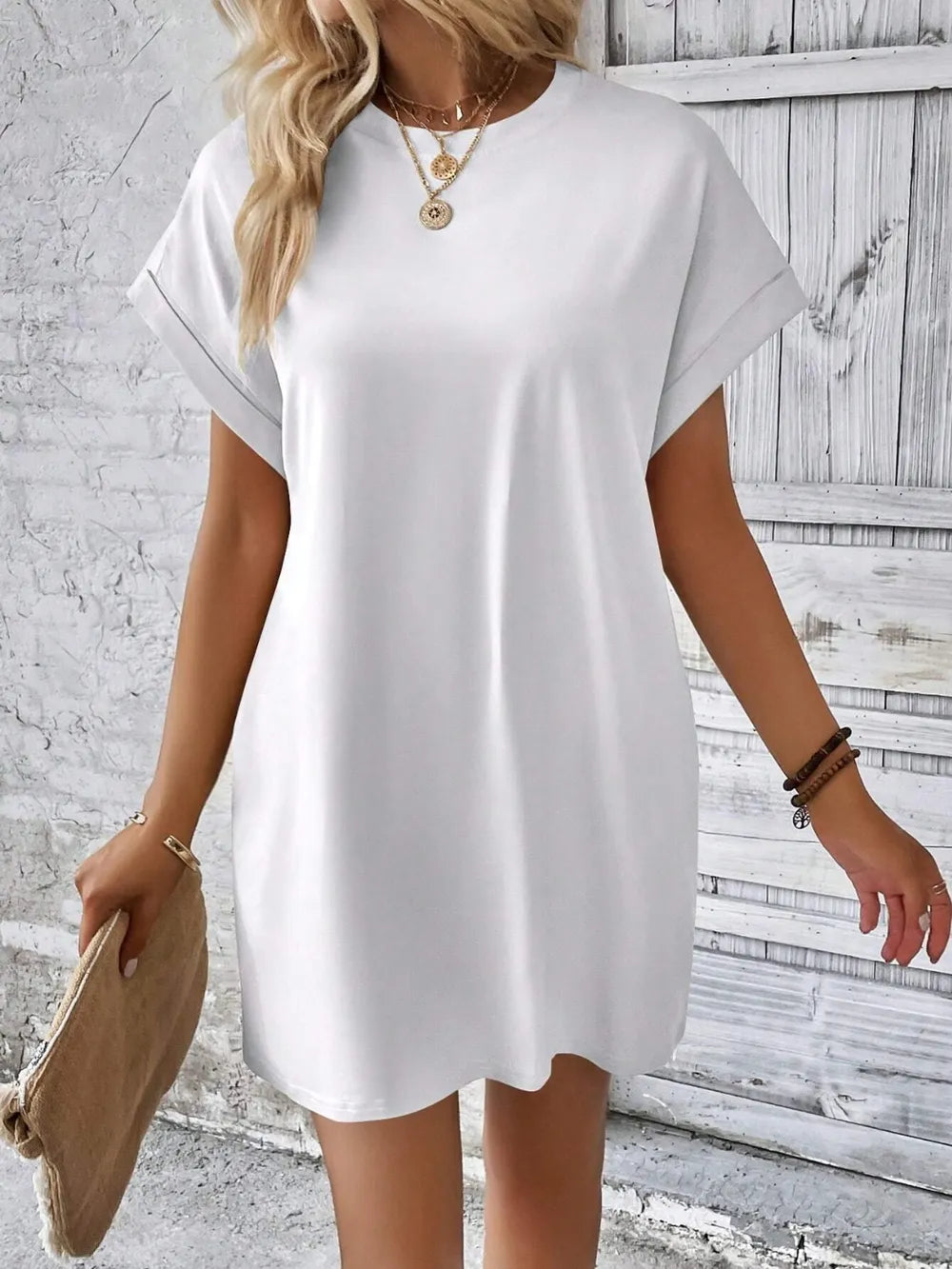 White satin Round Neck Short Sleeve Mini Dress with a basic style, slightly stretchy fabric, perfect for casual or summer wear.