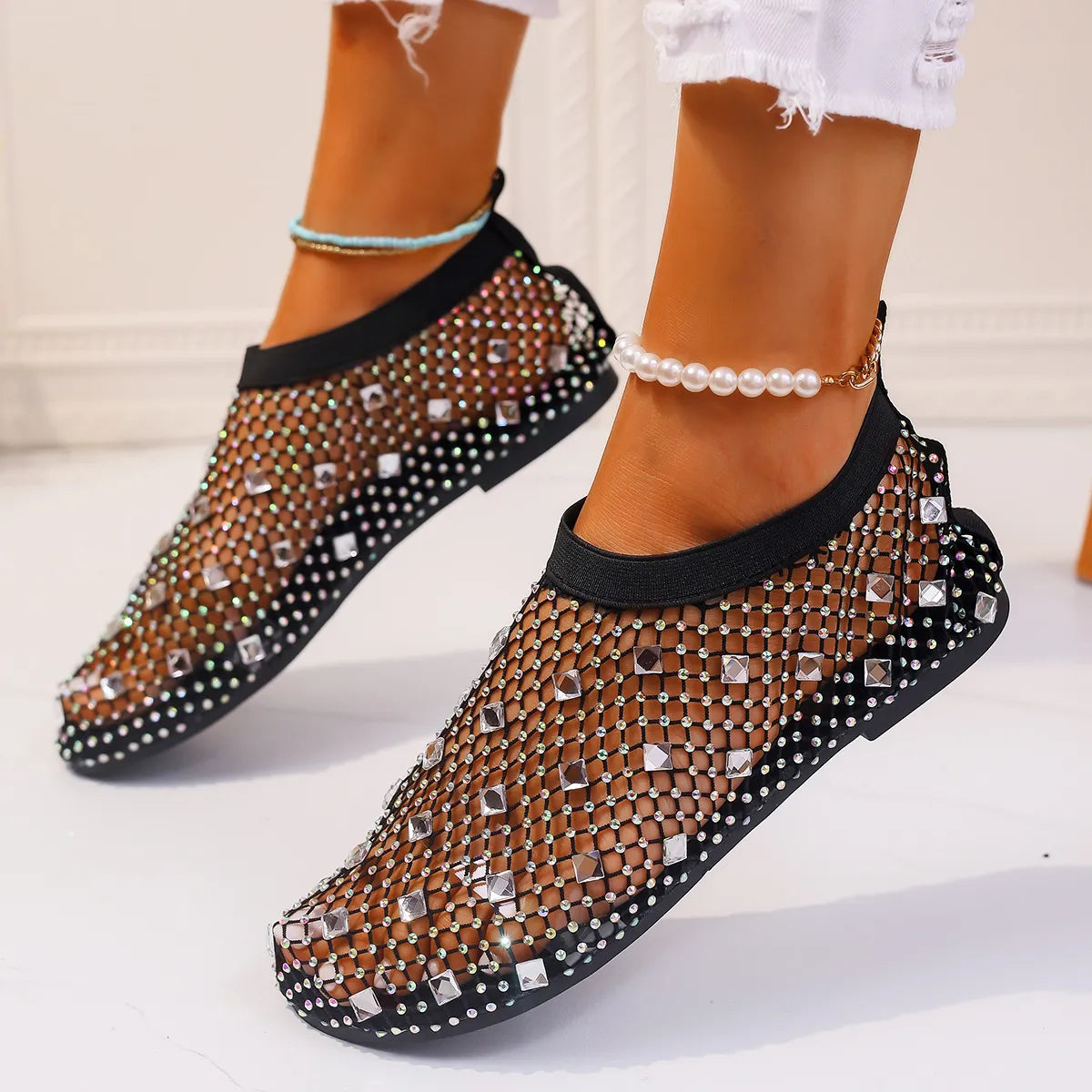 Sparkly mesh and PU leather Round Toe Flats Slip-Ons with rhinestones, true to size, stylish for any occasion.